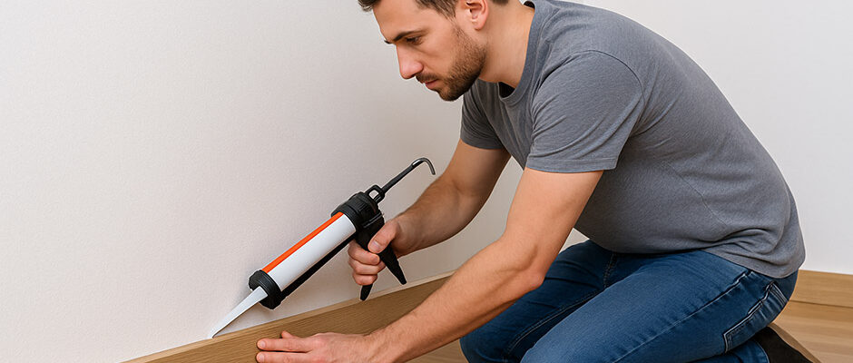 Moški izvaja menjavo zaključnih letev z montažo lesene letve ob belo steno v sodobnem prostoru.