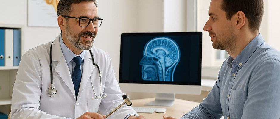 Nevrolog in pacient med posvetom v ambulanti, na mizi izvid in v ozadju MRI možganov – obisk nevrologa v praksi.