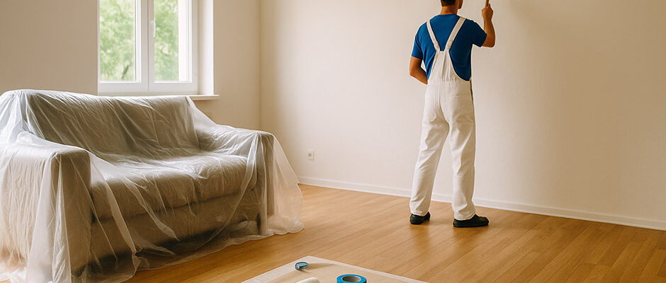 Priprava prostora za pleskanje z zaščitenim pohištvom, orodjem in slikopleskarjem, ki nanaša barvo na steno v svetlem prostoru.