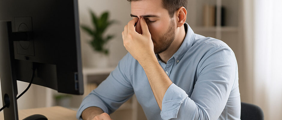 Moški utrujen pred računalniškim zaslonom si drgne oči zaradi utrujenosti oči pri delu z zaslonom v domači pisarni.