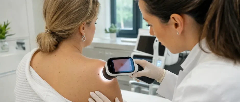 Od blizu prikazan digitalni dermatoskop, s katerim dermatolog pregleduje kožno znamenje na pacientu.