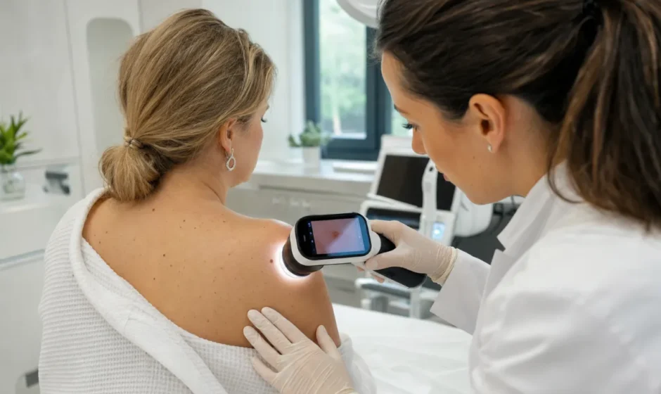 Od blizu prikazan digitalni dermatoskop, s katerim dermatolog pregleduje kožno znamenje na pacientu.
