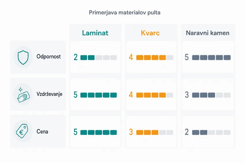 Infografika, ki primerja lastnosti laminata, kvarca in naravnega kamna za kuhinjski pult
